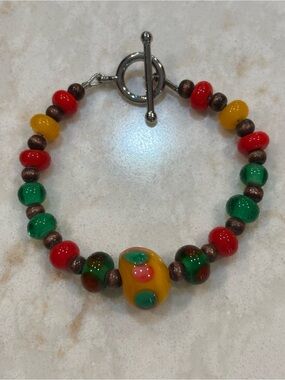 Handmade Glass Bead Toggle Bracelet - Red, Green, Yellow